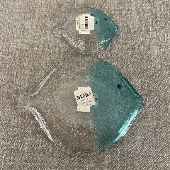 Set Of Aqua Blue & Clear Textured Art Glass Fish Plates By Zodax Vintage New! - Picture 5 of 6